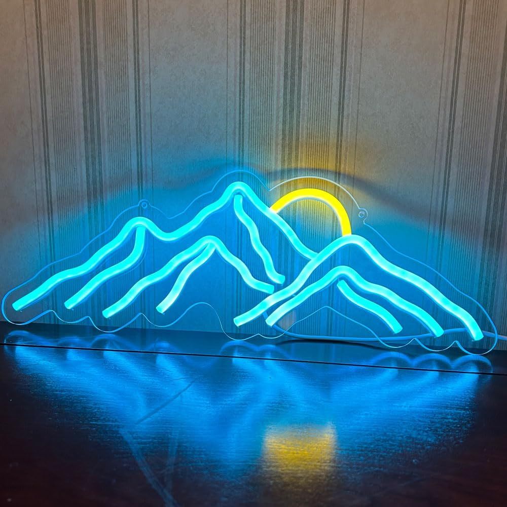 Outdoor Adventure Ideas - Mountain Sun Neon Sign Blue Landscape